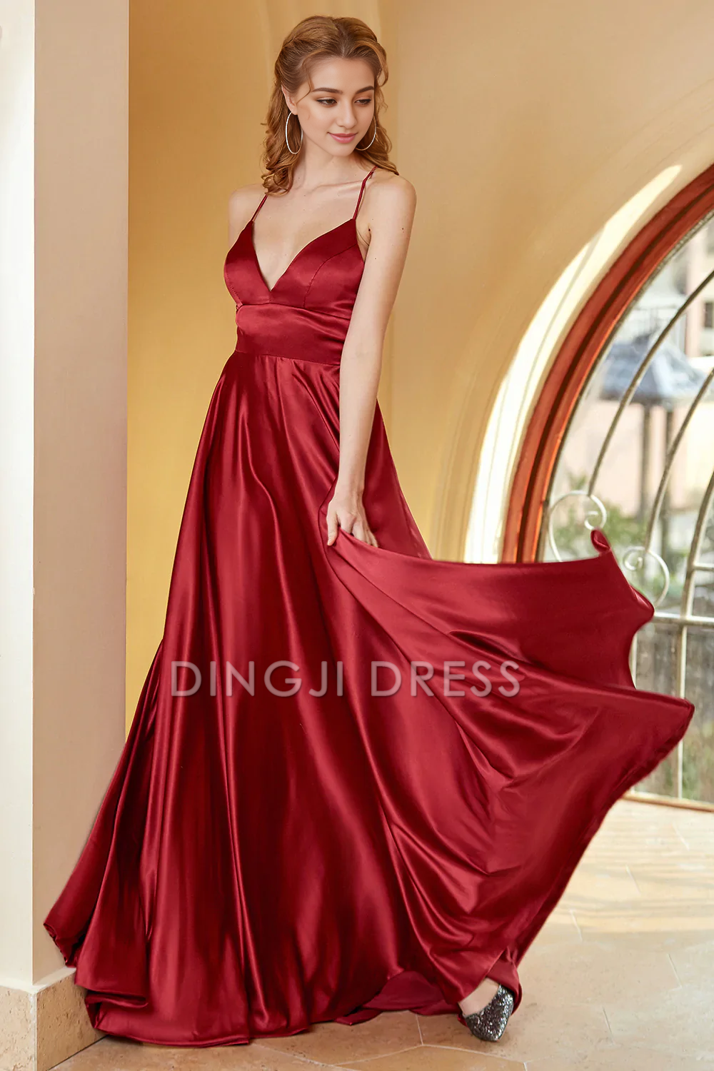 DingJiDress High Quality Dress Elegant A Line V Neck Spaghetti Straps Backless Simple Prom Dress
