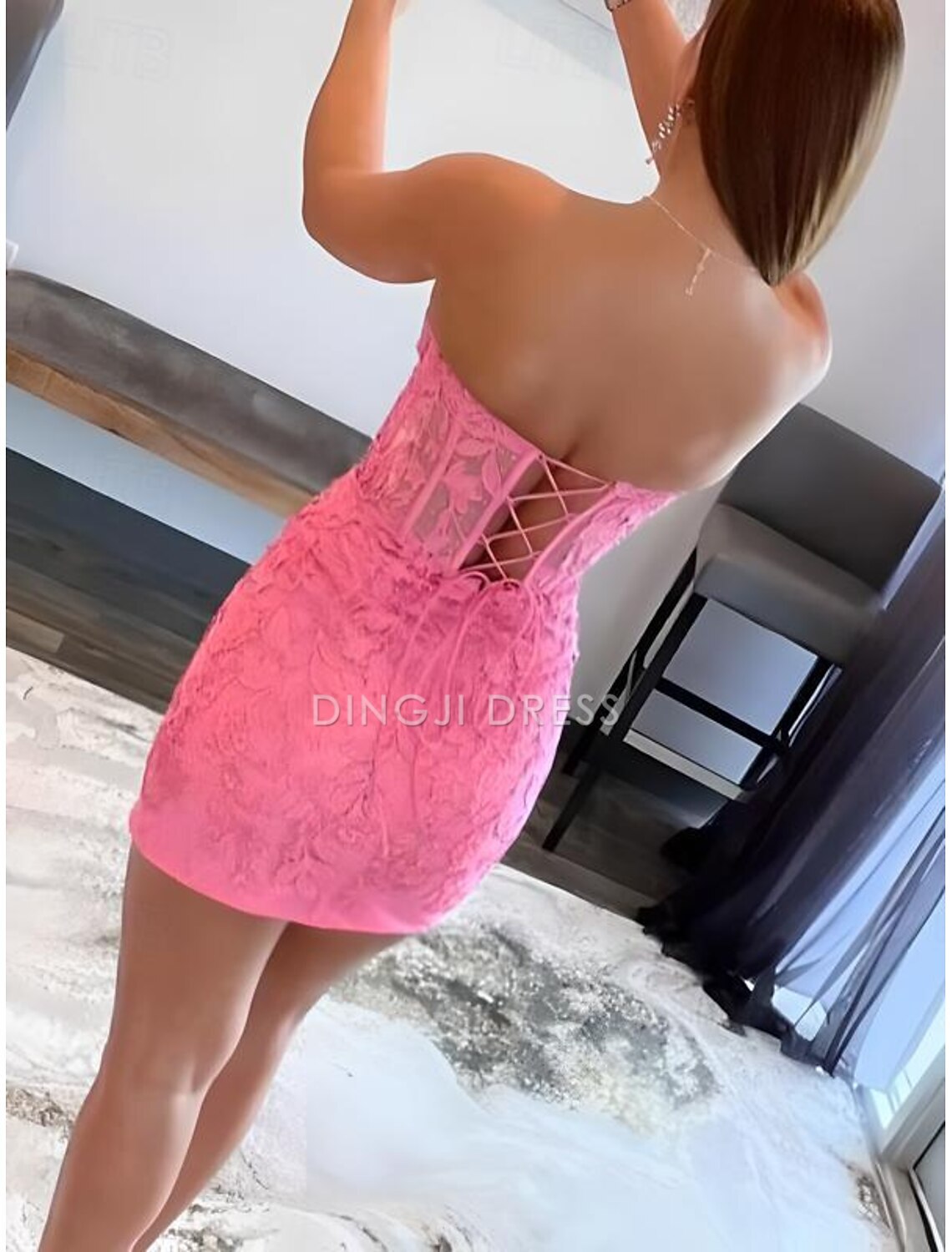 DingJiDress Hot Sale Short Prom Dress A-Line Corsets Dress Holiday Graduation Sleeveless Strapless Lace with Appliques Exquisite New Homecoming Dress