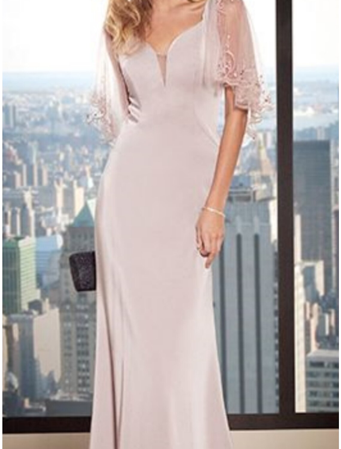 Sheath / Column Mother of the Bride Dress Wedding Guest Party Elegant V Neck Floor Length Chiffon Lace Short Sleeve with Pleats