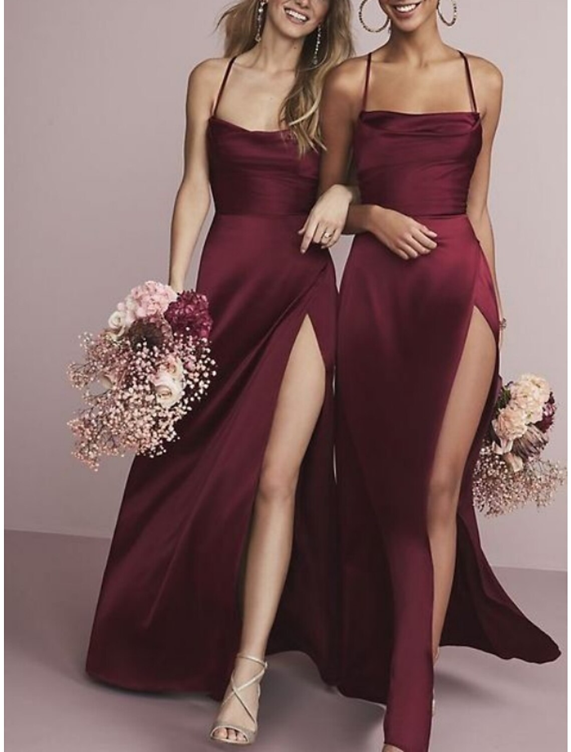 Sheath / Column Bridesmaid Dress Spaghetti Strap Sleeveless Elegant Floor Length Charmeuse with Split Front / Ruching