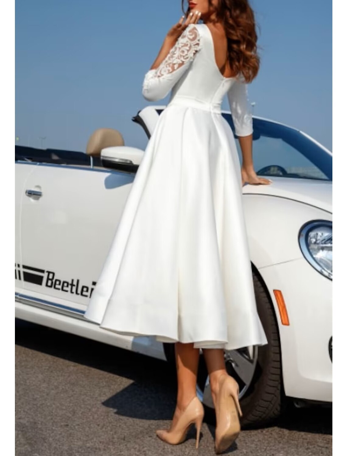 Bridal Shower Little White Dresses Wedding Dresses A-Line Scoop Neck Half Sleeve Tea Length Satin Bridal Gowns With Appliques