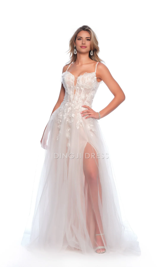 DingJiDress Hot Sale Wedding Dress Exquisite A Line Spaghetti Strap Sweetheart Neckline Backless Side Fork Floor-Length Fantastic Formal Wear Dresses
