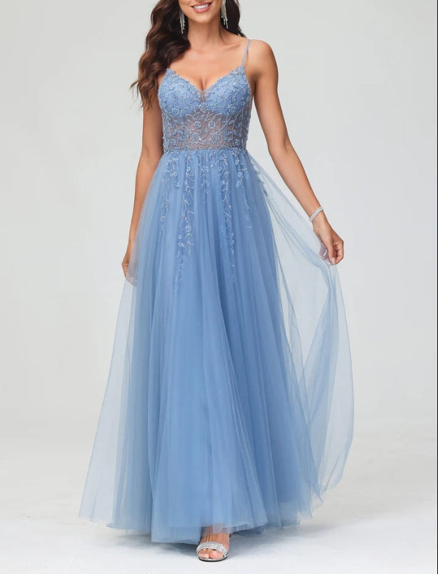 DingJiDress Evening Dress A-Line Spaghetti Straps Tulle Backless Sweep Train Dress Side Fork Exquisite Romantic Formal Dress