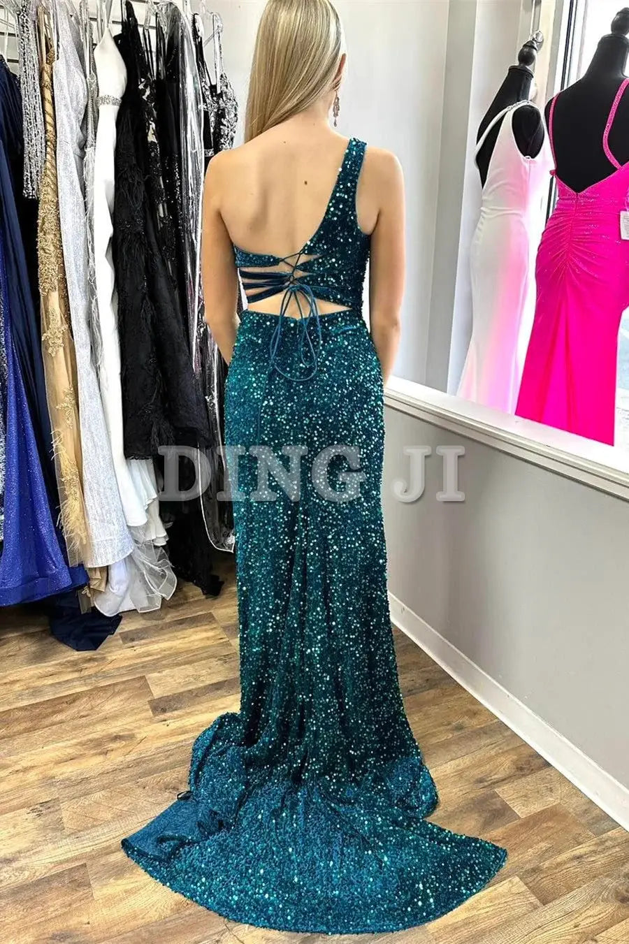 DingJiDress Sparkle Evening Dress One-Shoulder Turquoise Sequin Keyhole Long Prom Dress Side Fork Lace up Backless Formal Wear Dresses Wedding Guest Dresses