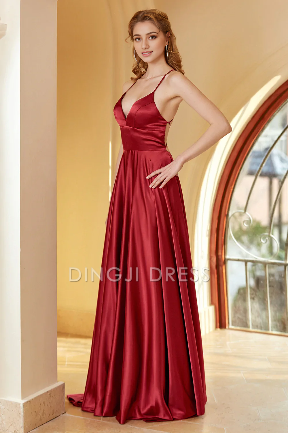 DingJiDress High Quality Dress Elegant A Line V Neck Spaghetti Straps Backless Simple Prom Dress