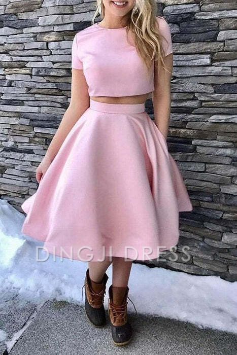 DingJiDress Short Prom Dress A-Line Short Sleeves Tea-Length Two Piece Satin Cute Best Selling Homecoming Dress