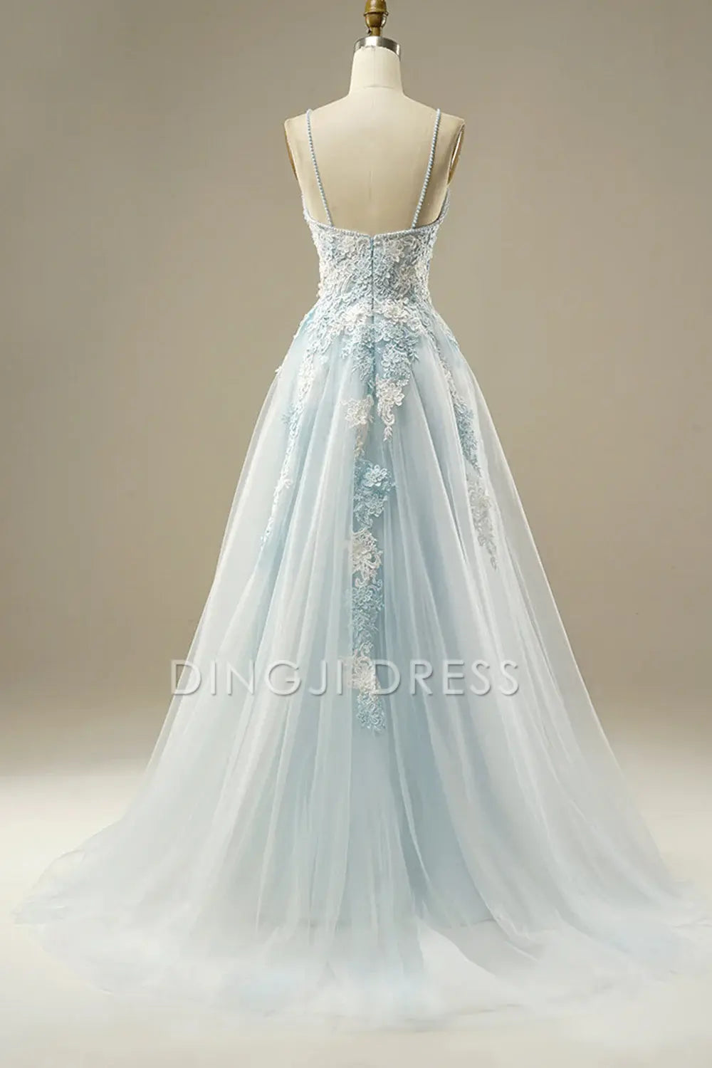 DingJiDress High Quality Dress Luxury A-Line Spaghetti Strap Beading Exquisite Tulle Lace Applique Prom Dress