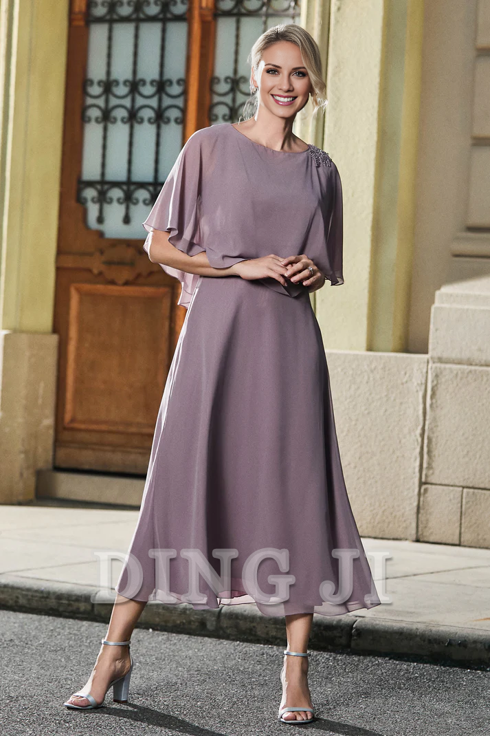 DingJiDress Mother of the Bride Dresses Tea-Length Jewel Flutter Sleeves Chiffon Dress Exquisite Elegant Dresses Wedding Guests Dresses