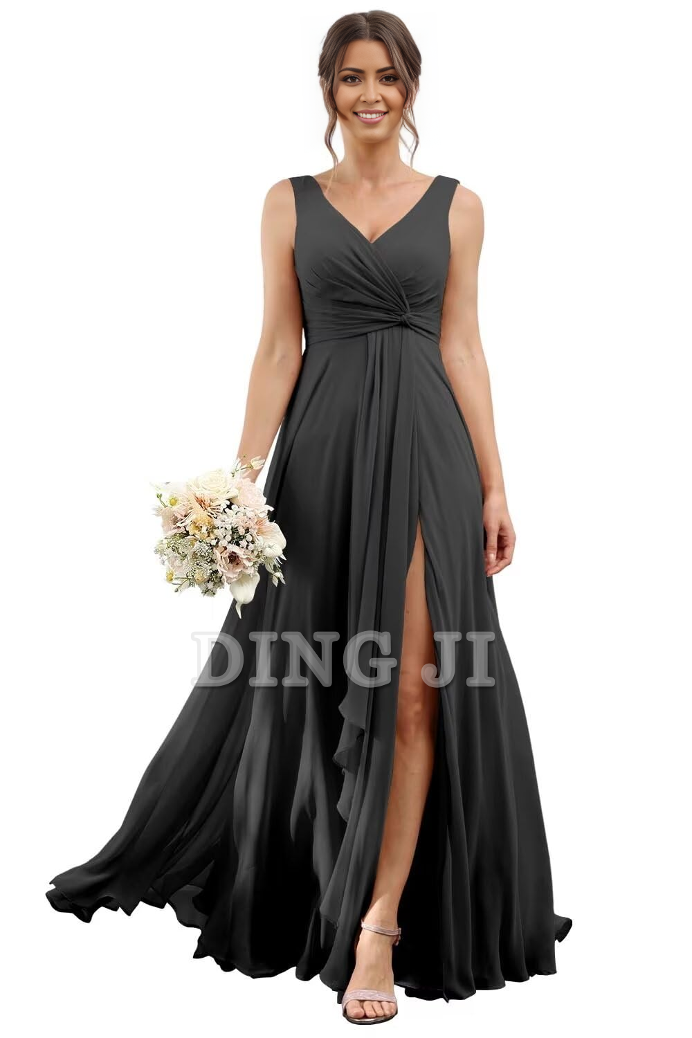 DingJiDress Bridesmaid Dresses A-line V Neck Ruffles Side Fork Long Chiffon Elegant Formal Wear Dresses