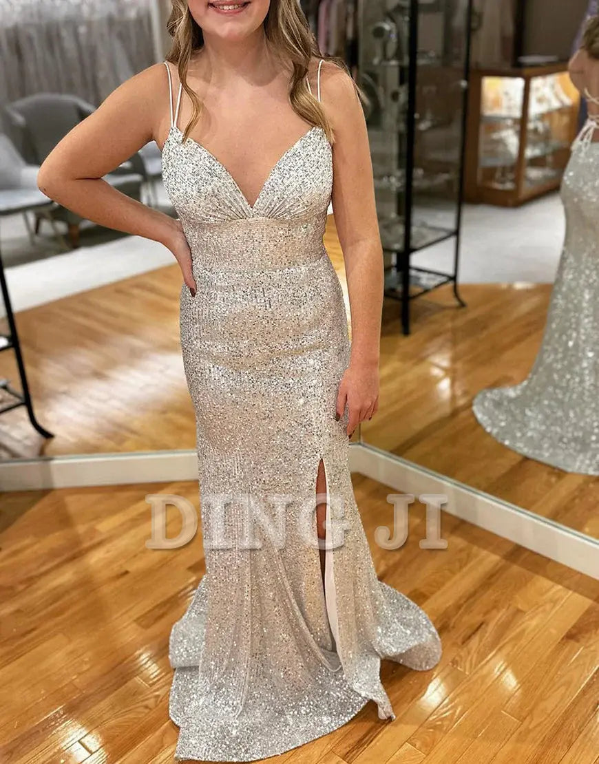 DingJiDress Evening Dress Sparkly Sequins Mermaid Cultivate oneself Long Prom Dress Side Fork Backless Sweep Train Formal Women's Dresses Wedding Guest Dresses
