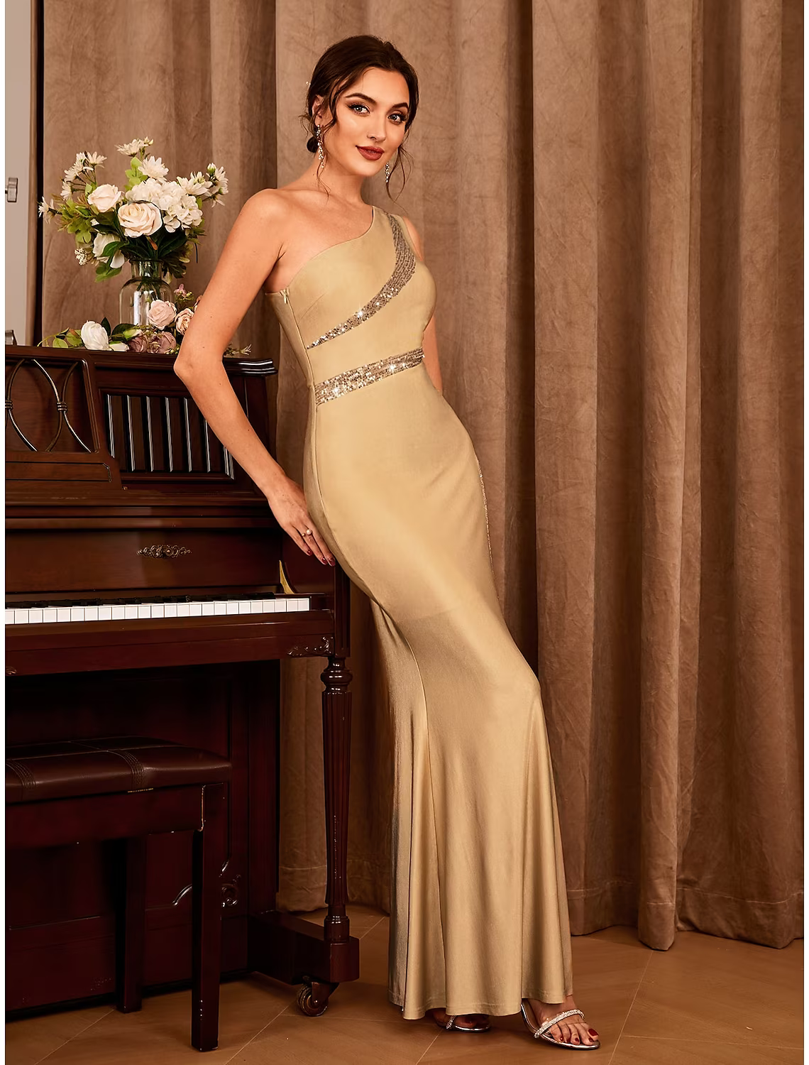 Party Dresses Sexy Dress Wedding Party Floor Length Sleeveless One Shoulder Stretch Satin with Glitter