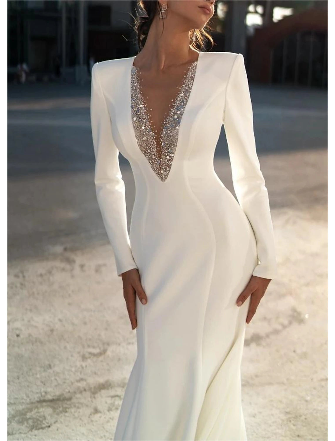 DingJiDress Formal Wedding Dresses Mermaid / Trumpet V Neck Long Sleeve Sweep / Brush Train Chiffon Bridal Gowns With Beading