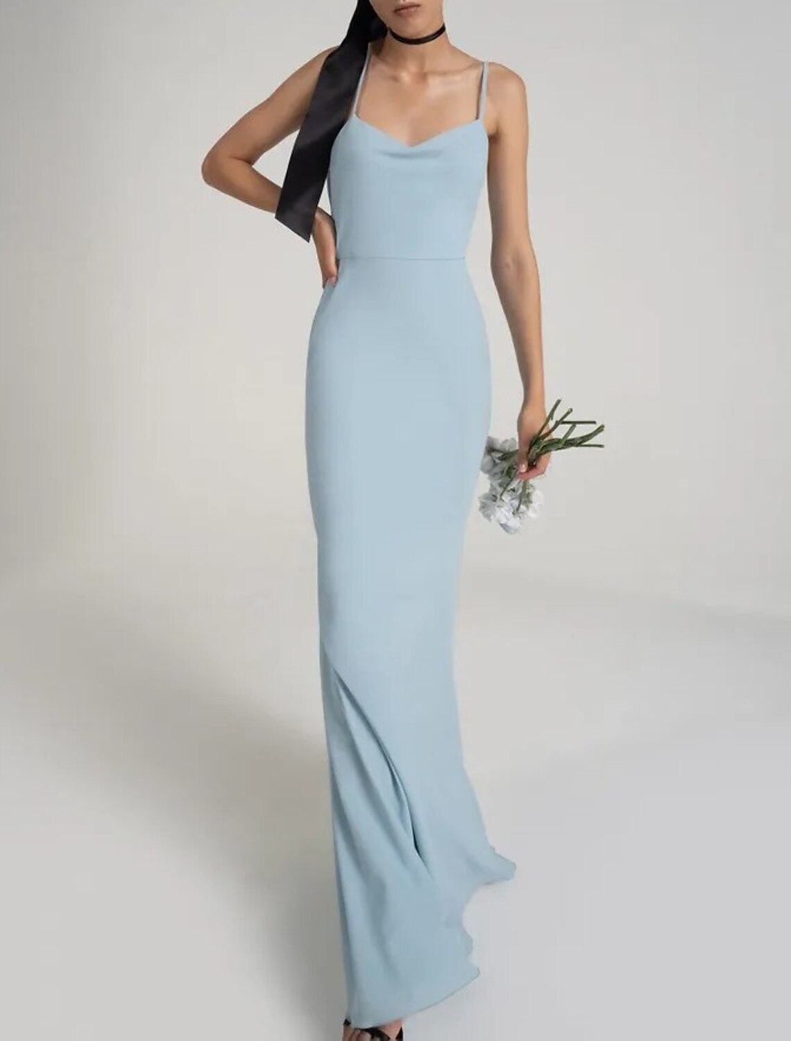 Sheath / Column Bridesmaid Dress Spaghetti Strap Sleeveless Blue Floor Length Stretch Fabric