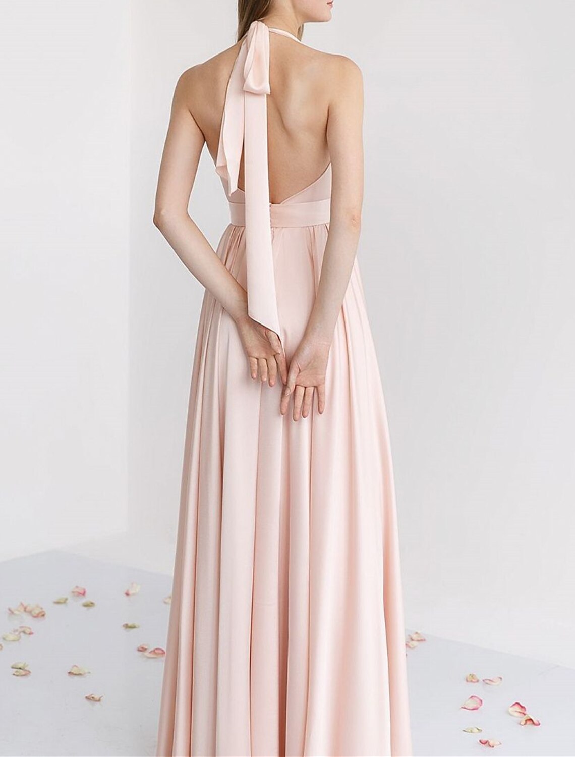 A-Line Bridesmaid Dress Halter Sleeveless Pink Floor Length Stretch Satin with Ruching