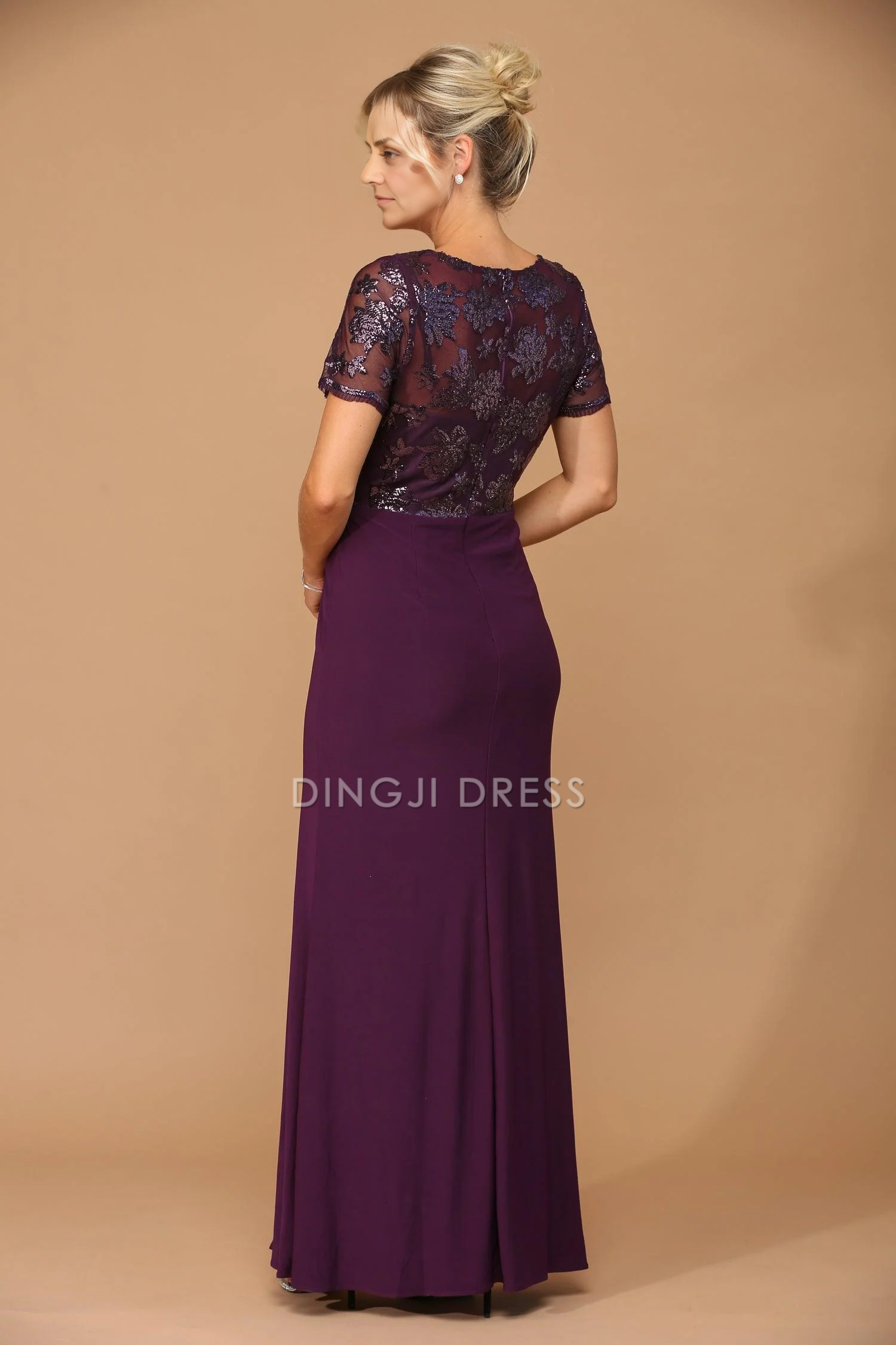 DingJiDress Evening Dress Modest Round Neck Short Sleeve Sexy High Slit Beautiful Mother Of The Bride Dress