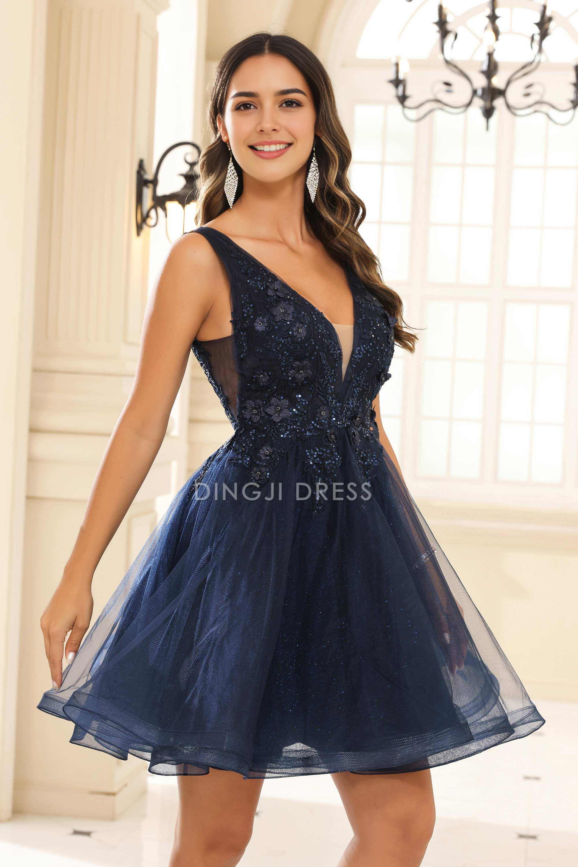 DingJiDress Hot Sale Homecoming Dress Charming A Line Deep V Neck Floral Applique Beaded Ruched Exquisite Mini Dress