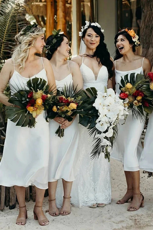 Simple White Chiffon A Line Spaghetti Straps Low Cost Tea-length Bridesmaid Dresses