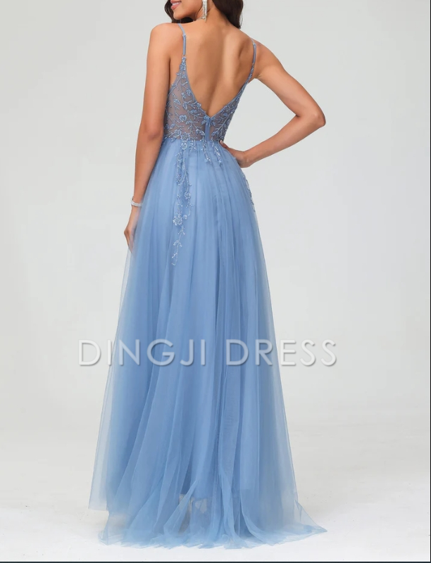 DingJiDress Evening Dress A-Line Spaghetti Straps Tulle Backless Sweep Train Dress Side Fork Exquisite Romantic Formal Dress