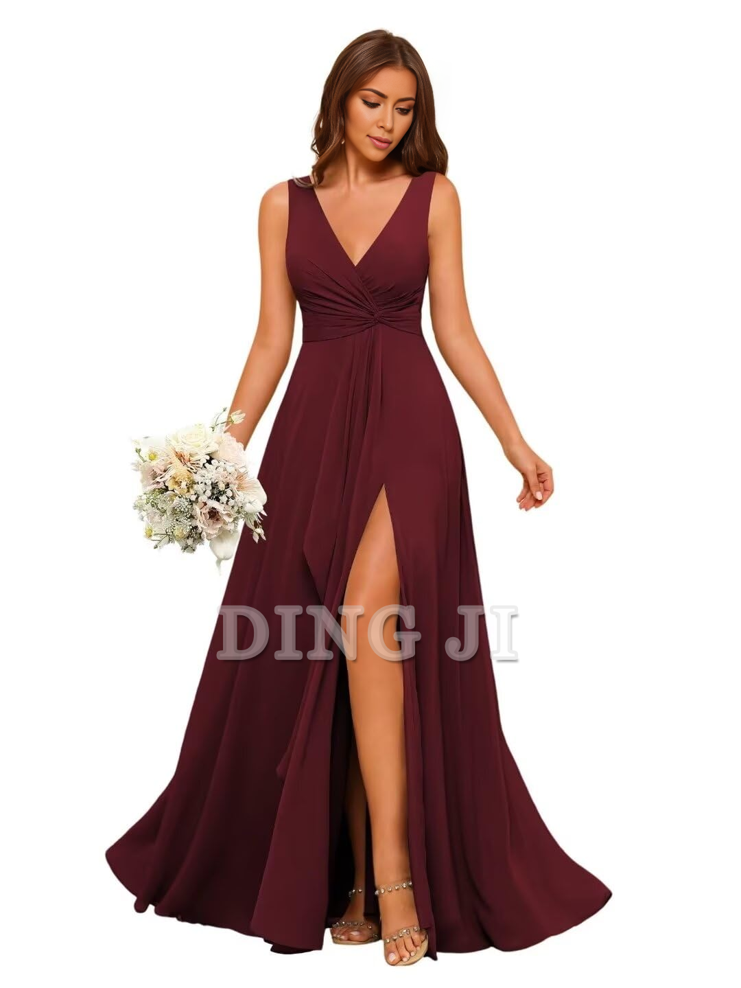 DingJiDress Bridesmaid Dresses A-line V Neck Ruffles Side Fork Long Chiffon Elegant Formal Wear Dresses