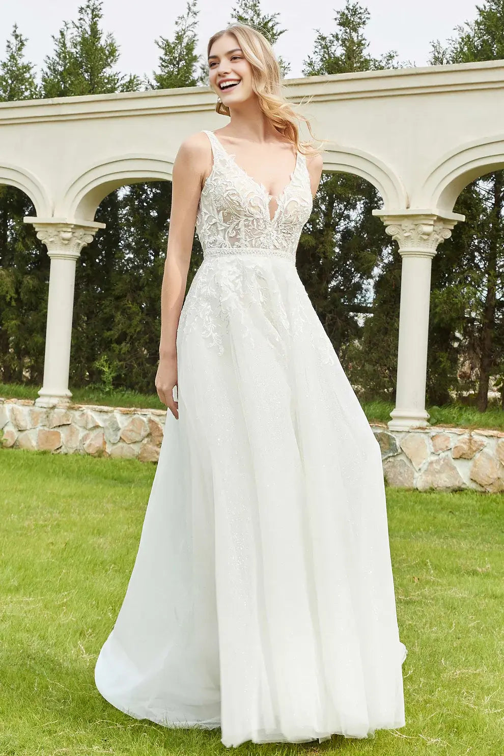 Sparkle Tulle A-Line Deep V Neck Sleeveless Ruched Exquisite Lace Applique Backless Affordable Hot Sale Wedding Dress