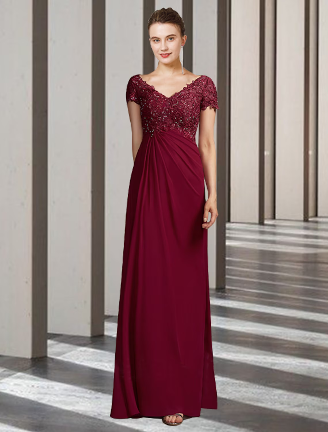 Mother of the Bride Dress Elegant V Neck Floor Length Chiffon Lace Short Sleeve with Appliques