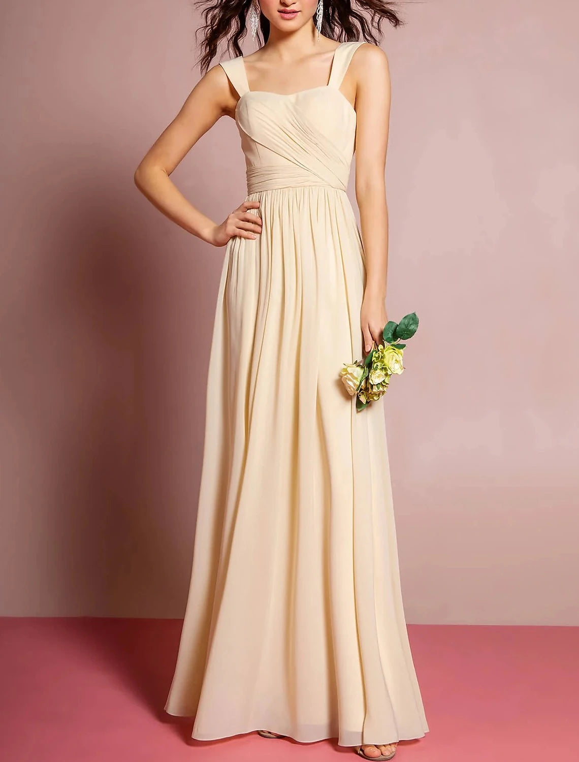 A-Line Bridesmaid Dress Spaghetti Strap Sleeveless Elegant Floor Length Chiffon with Ruching