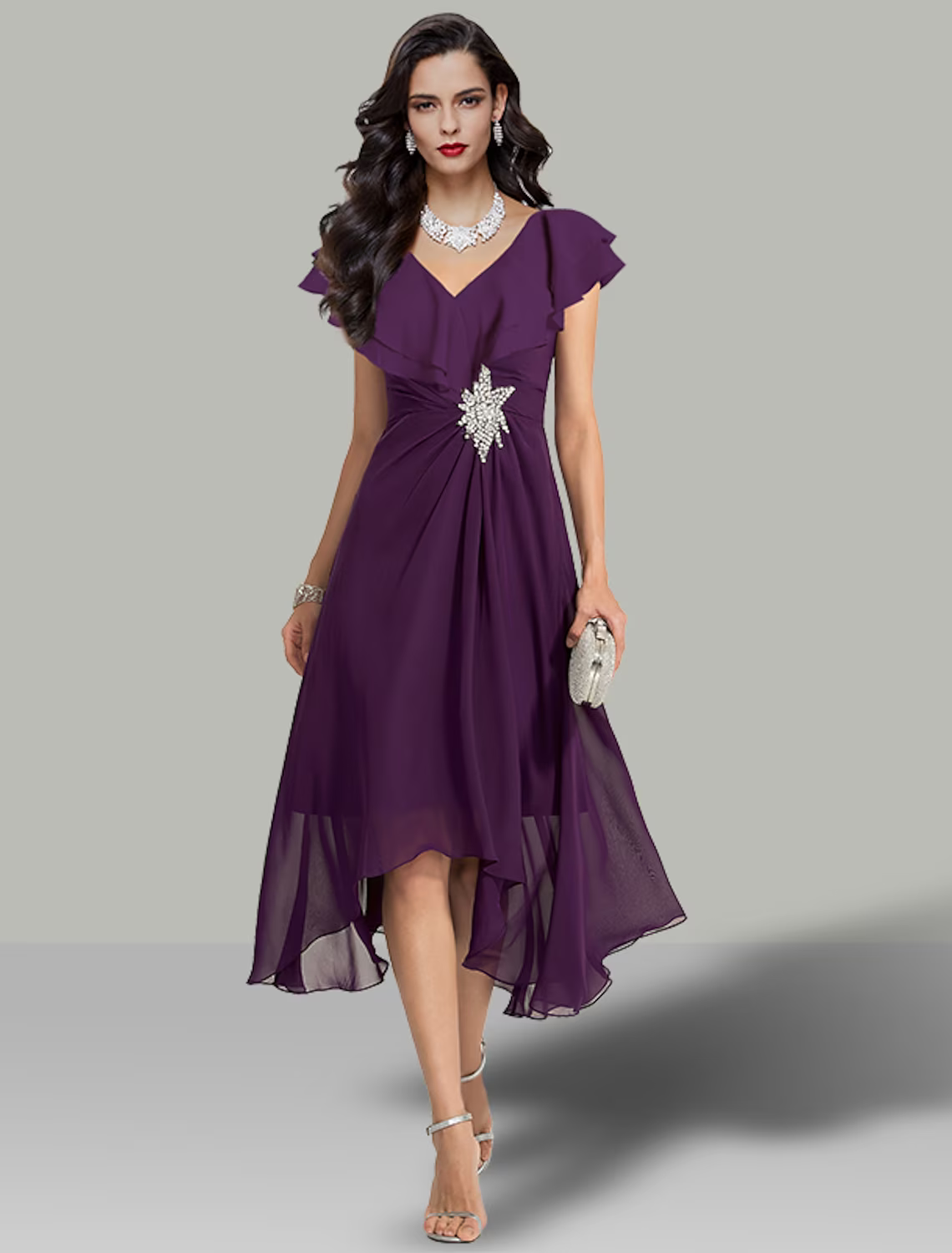 A-Line Wedding Guest Dresses Elegant Dress Cocktail Party Short Sleeve V Neck Chiffon with Rhinestone Evening Dresses