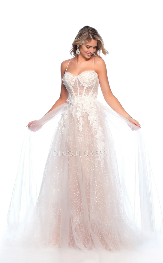 DingJiDress Hot Sale Wedding Dress Exquisite A Line Spaghetti Strap Sweetheart Neckline Backless 3D Flower Floor-Length Fantastic Formal Wear Dresses