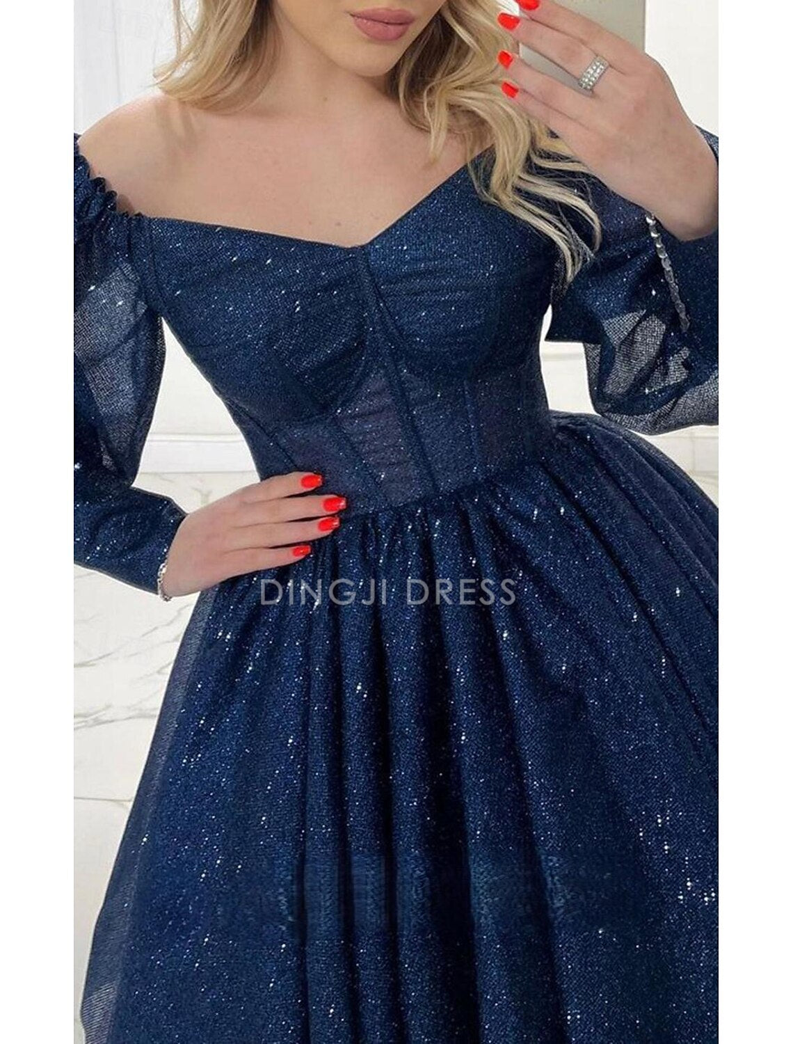 DingJiDress Hot Sale Short Prom Dress Sequin A-Line V Neck Long Sleeve Corsets Dress Holiday Graduation Glitter New Homecoming Dress