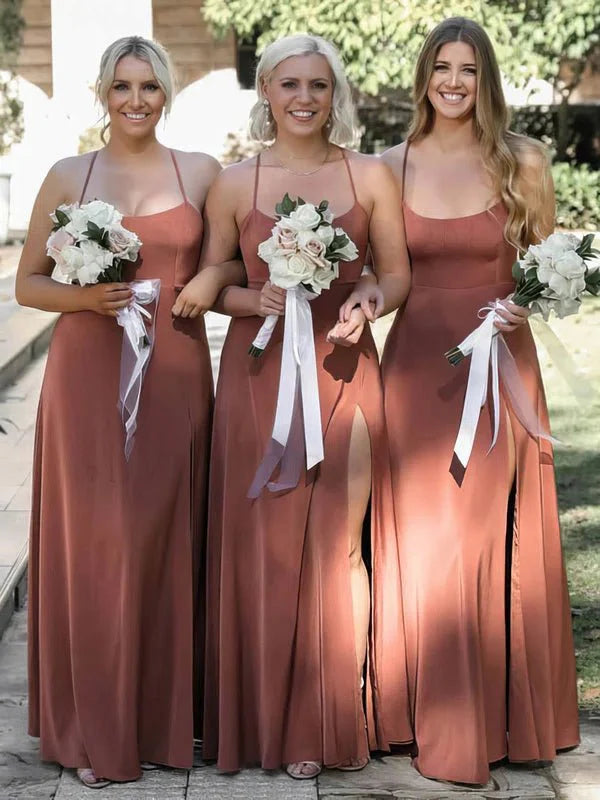 Simple Brown Red A Line Spaghetti Strap Sleeveless Criss-Cross Straps Side Fork Low Cost Floor Length Bridesmaid Dresses
