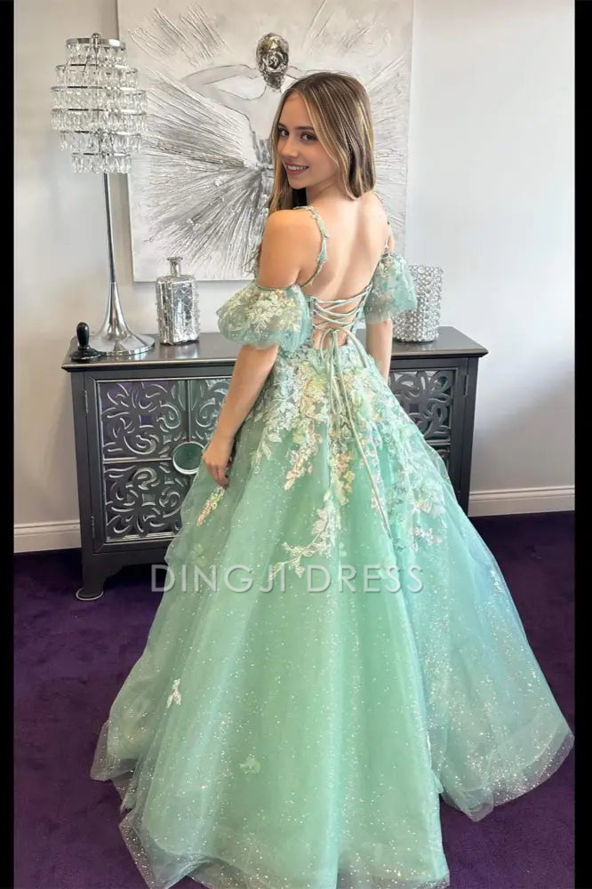 DingJiDress Formal Dress Elegant A-Line Sweetheart Spaghetti Strap Sparkly Tulle Appliques Backless Romantic Prom Dress