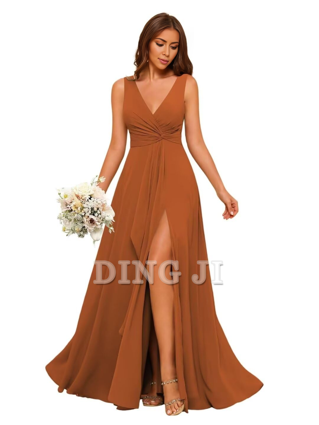 DingJiDress Bridesmaid Dresses A-line V Neck Ruffles Side Fork Long Chiffon Elegant Formal Wear Dresses