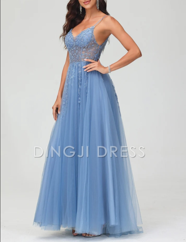 DingJiDress Evening Dress A-Line Spaghetti Straps Tulle Backless Sweep Train Dress Side Fork Exquisite Romantic Formal Dress