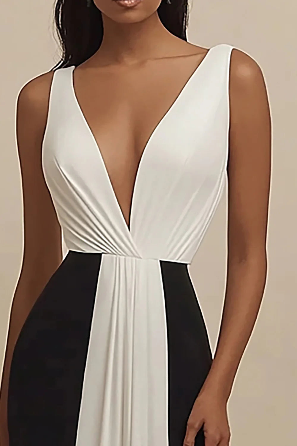 Fashion Black and White A Line Deep V-Neck Wide Shoulder Straps Sleeveless Elegant Long Formal Dress Hot Sale Evening Dress