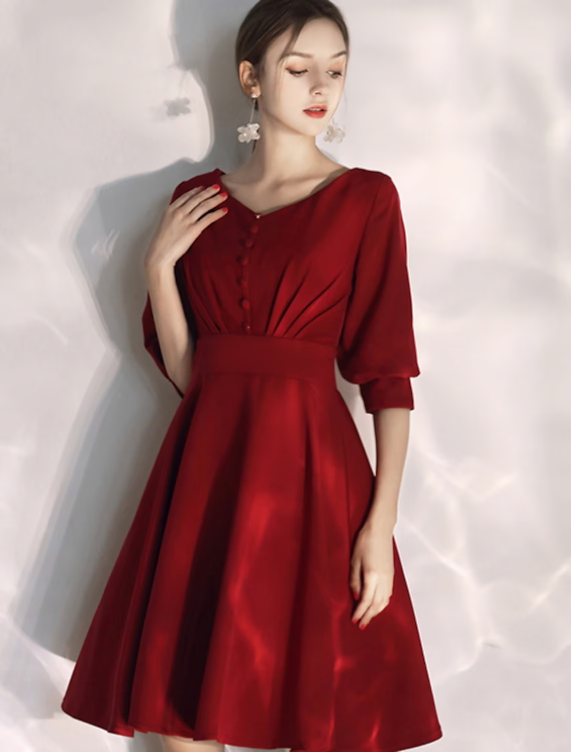 Bachelorette Party Little White Dresses Wedding Dresses Knee Length A-Line Half Sleeve V Neck Stretch Fabric