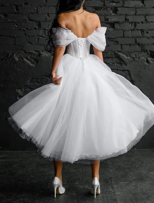 Bridal Shower Little White Dresses Glitter & Sparkle Wedding Dresses Ball Gown Off Shoulder Sleeveless Tea Length Lace Bridal Gowns With Appliques
