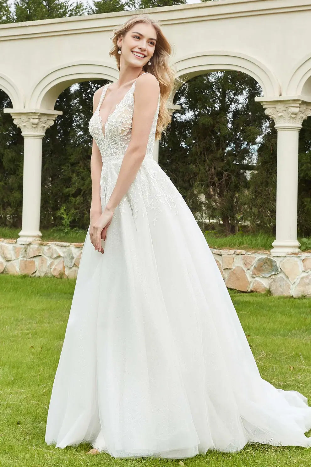 Sparkle Tulle A-Line Deep V Neck Sleeveless Ruched Exquisite Lace Applique Backless Affordable Hot Sale Wedding Dress