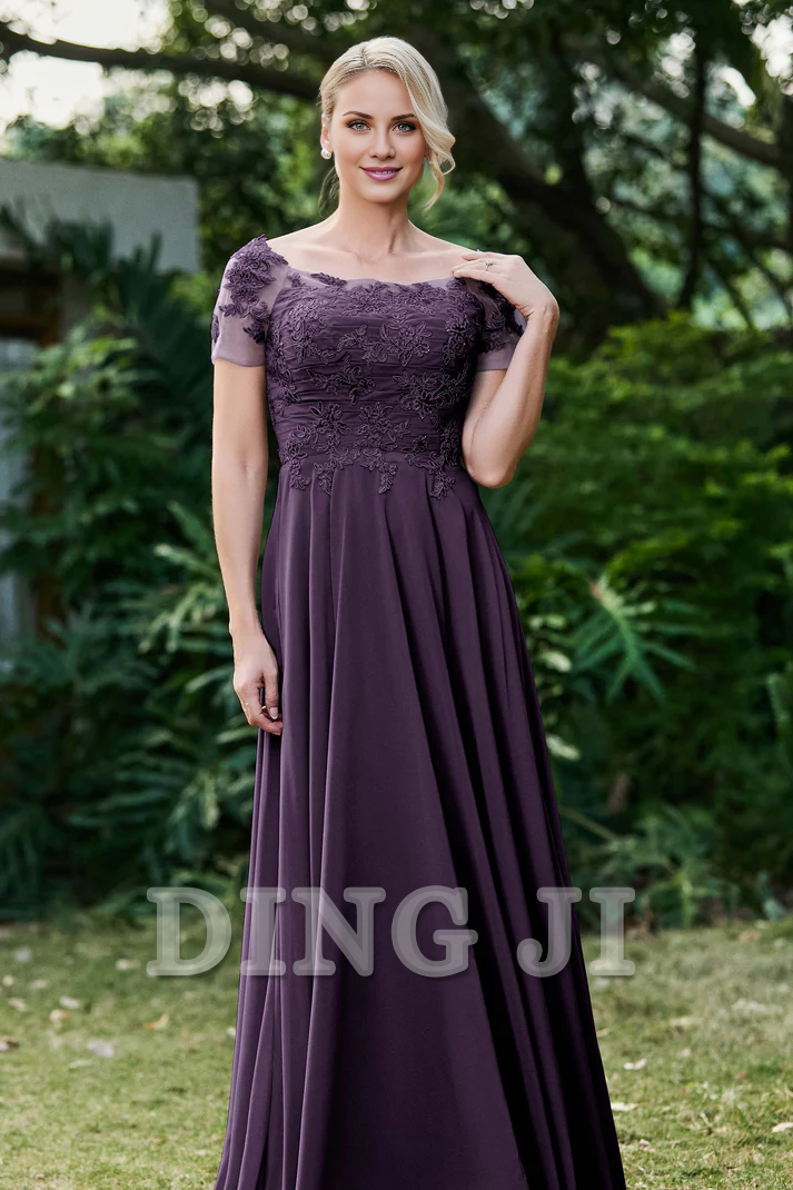 DingJiDress Mother of the Bride Dresses Ruched Applique Short Sleeves Chiffon Long Dress Lace Applique Elegant Dignified Dresses Wedding Guests Dresses