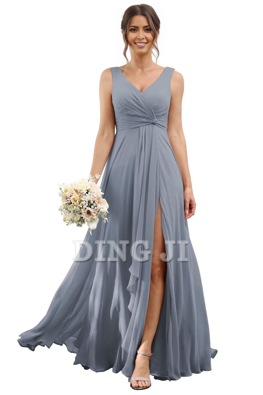 DingJiDress Bridesmaid Dresses A-line V Neck Ruffles Side Fork Long Chiffon Elegant Formal Wear Dresses