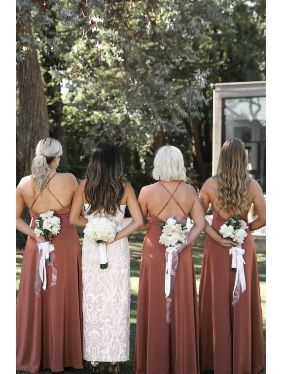 Simple Brown Red A Line Spaghetti Strap Sleeveless Criss-Cross Straps Side Fork Low Cost Floor Length Bridesmaid Dresses