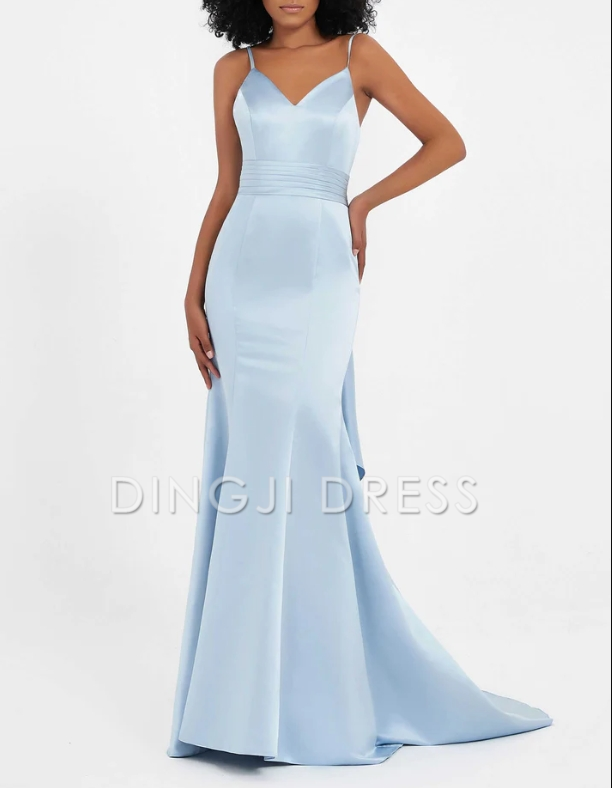 DingJiDress Evening Dress Mermaid Sweetheart Spaghetti Straps Sweep Train Satin Dress Pleated Backless Bowknot Sweep Train Exquisite Formal Dress