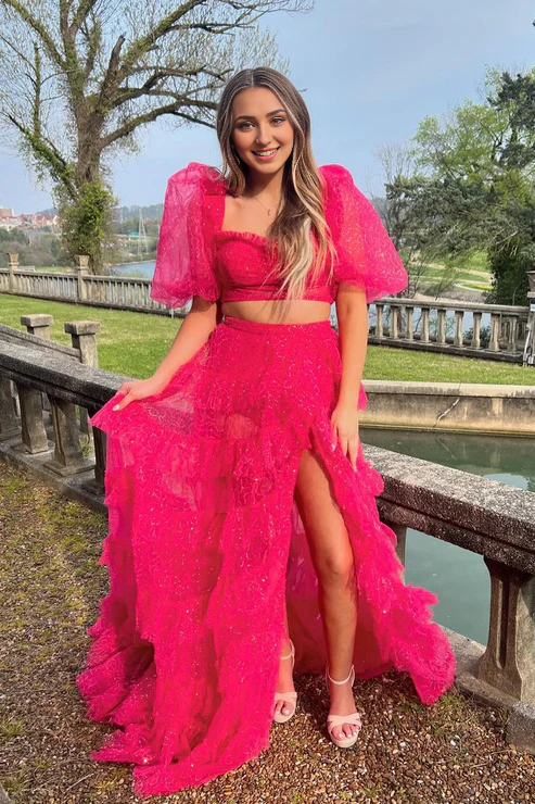 DingJiDress Fuchsia Two Piece Graduation Dresses Sweetehart Sparkly Tulle Long Prom Dresses