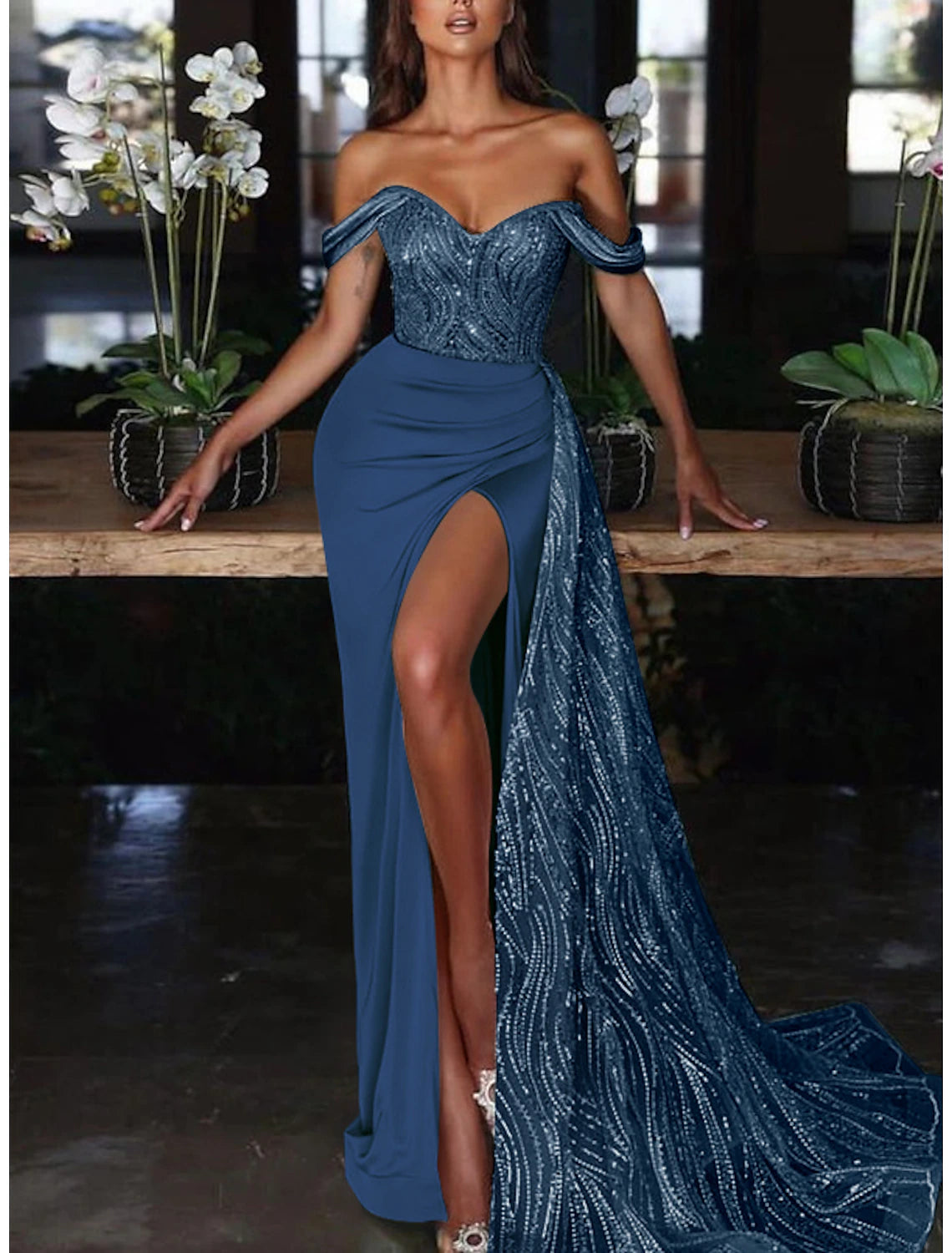 Mermaid / Trumpet Evening Gown Sexy Dress Formal Wedding Guest Court Train Sleeveless Off Shoulder Charmeuse with Ruched Sequin
