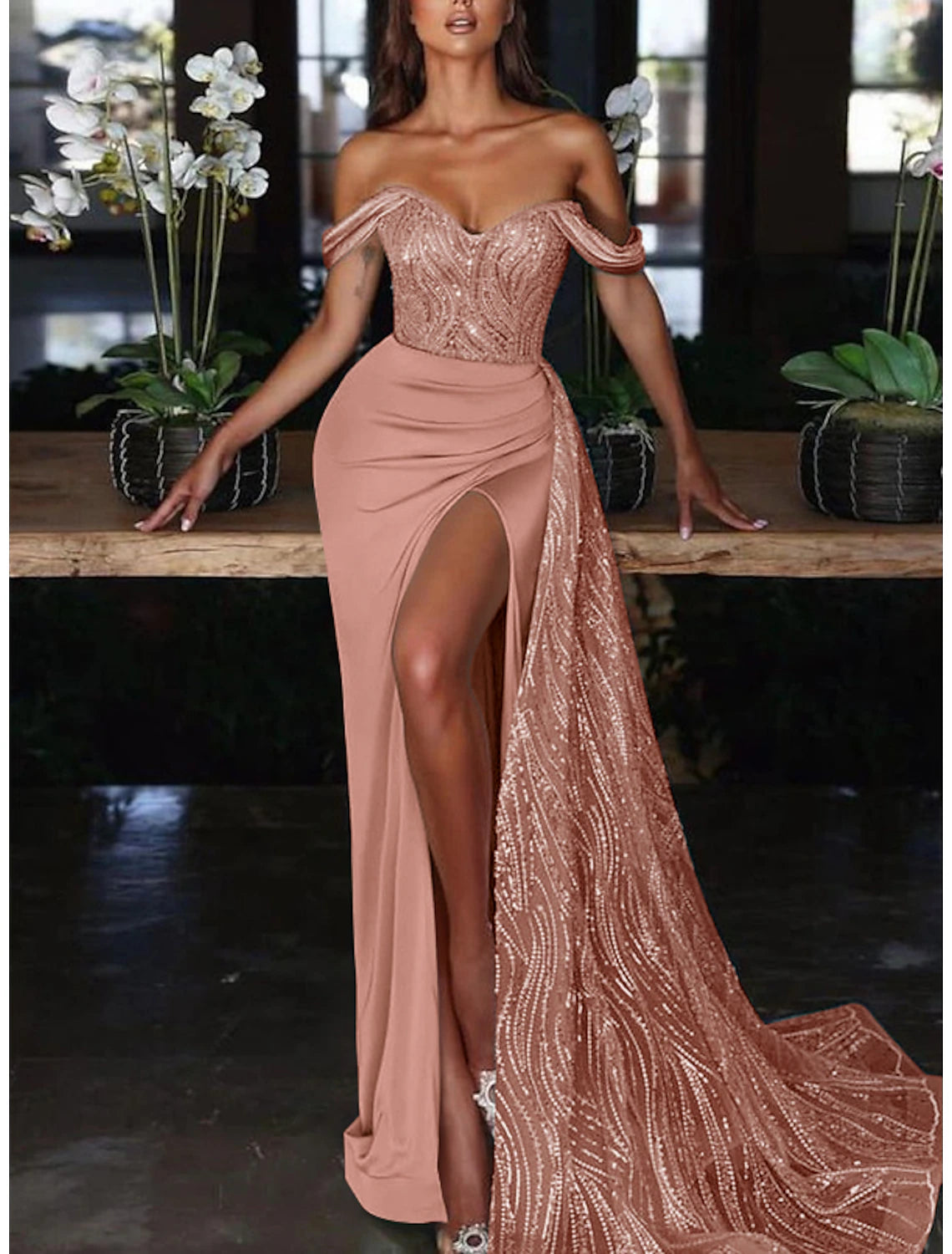 Mermaid / Trumpet Evening Gown Sexy Dress Formal Wedding Guest Court Train Sleeveless Off Shoulder Charmeuse with Ruched Sequin