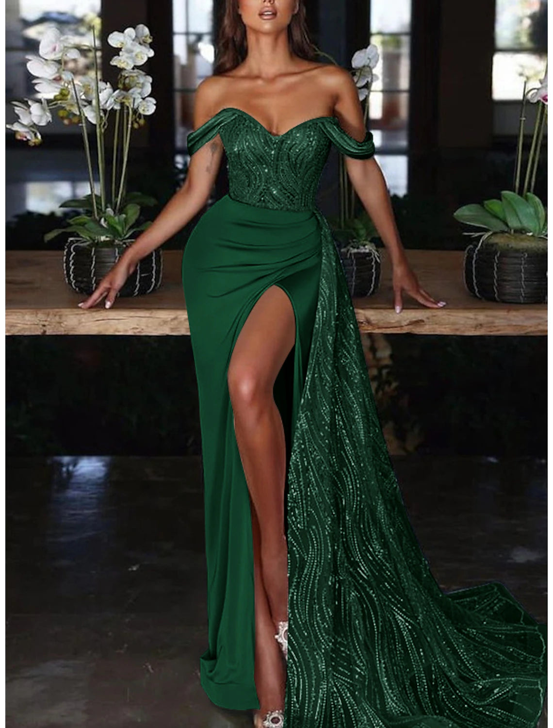 Mermaid / Trumpet Evening Gown Sexy Dress Formal Wedding Guest Court Train Sleeveless Off Shoulder Charmeuse with Ruched Sequin