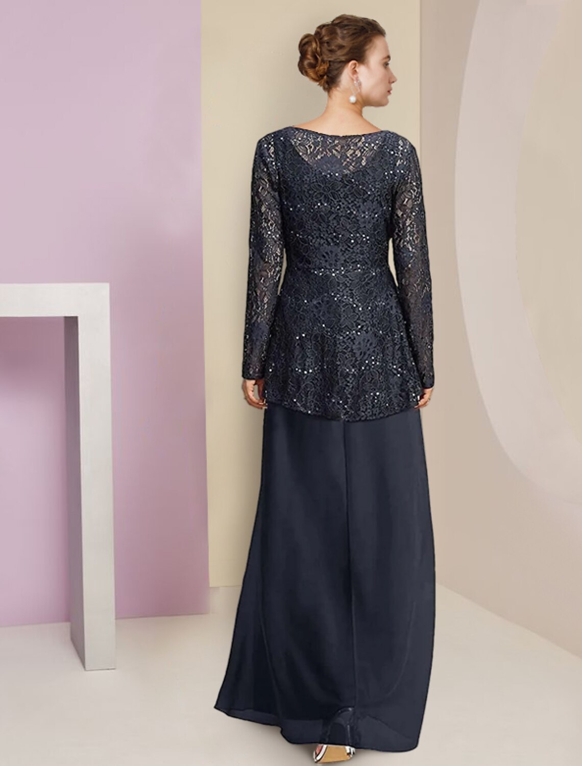 A-Line Mother of the Bride Dress Formal Wedding Guest Elegant High Low Scoop Neck Asymmetrical Tea Length Chiffon Lace Long Sleeve with Pleats