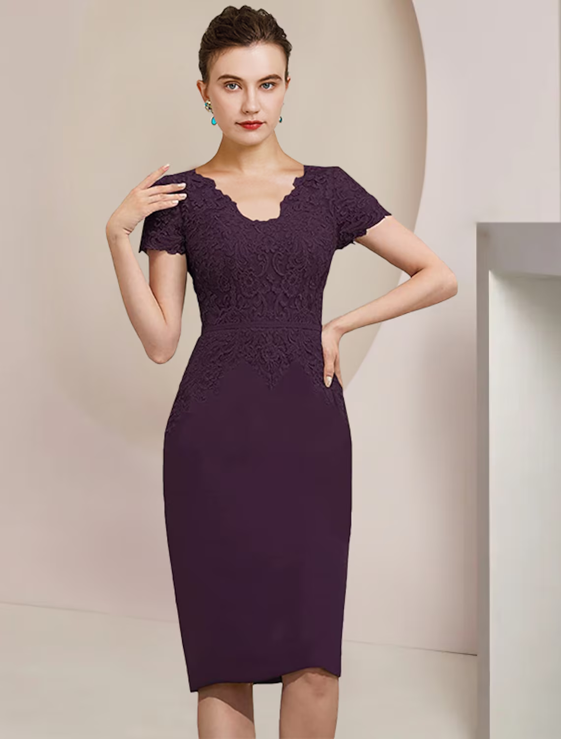 Two Piece Mother of the Bride Dress Formal Wedding Guest Elegant V Neck Knee Length Chiffon Lace Short Sleeve Dresses with Appliques