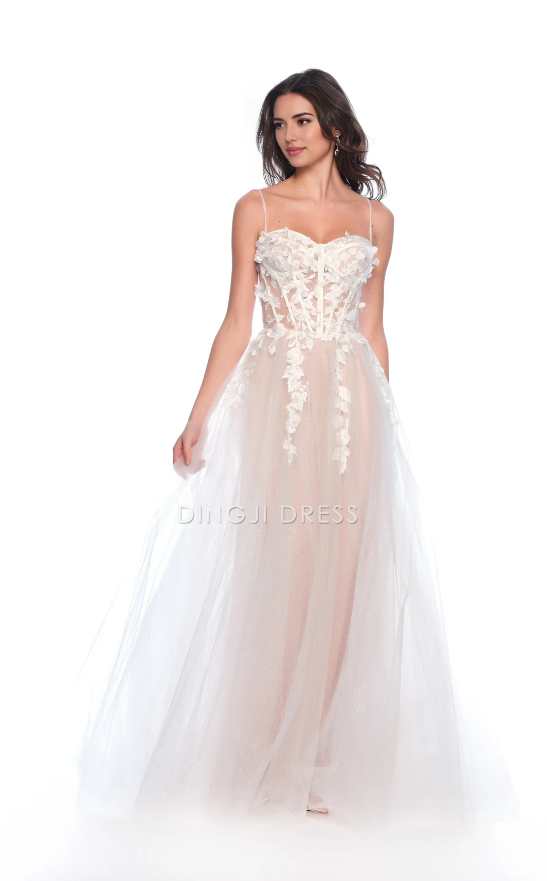 DingJiDress Hot Sale Wedding Dress Exquisite A Line Spaghetti Strap Sweetheart Neckline Backless Floor-Length Fantastic Formal Wear Dresses