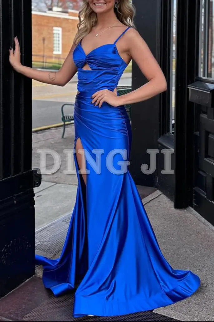 DingJiDress Evening Dress Spaghetti Strap Cute Mermaid Sweetheart Royal Blue Satin Long Prom Dresses Sweep Train Formal Wear Dresses Wedding Guest Dresses