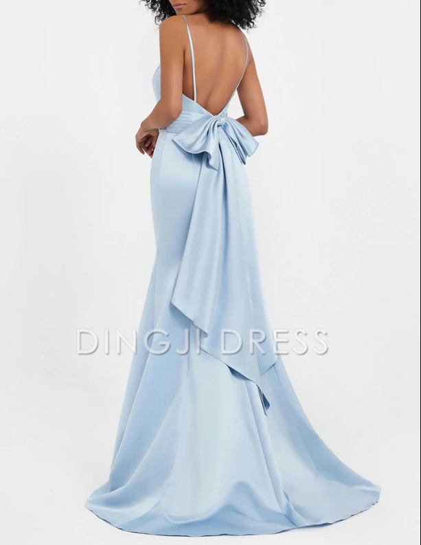 DingJiDress Evening Dress Mermaid Sweetheart Spaghetti Straps Sweep Train Satin Dress Pleated Backless Bowknot Sweep Train Exquisite Formal Dress